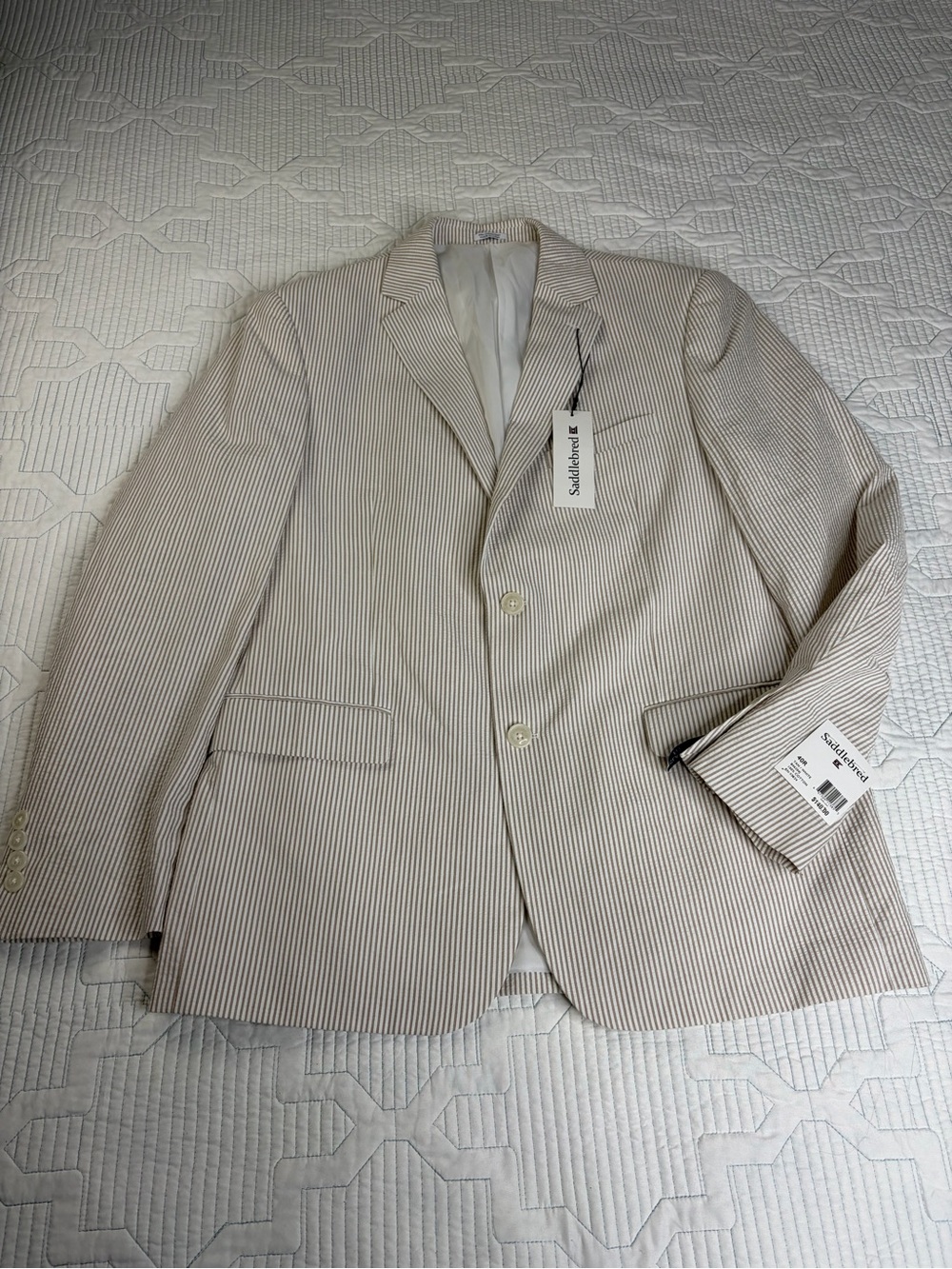 Saddlebred Mens 40R Seersucker Blazer Tan White Striped Cotton Sport Coat
